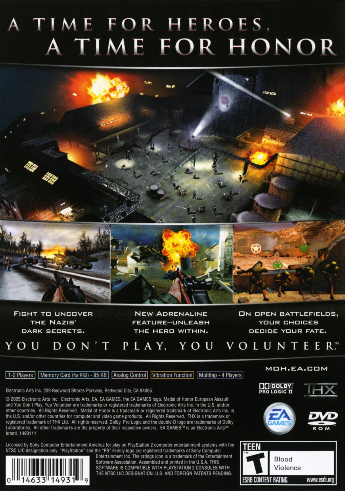 Medal of Honor European Assault PS2 Sony PlayStation 2 first person shooter WWII military combat historical war campaign European theater missions EA shooter gameplay squad based action multiplayer retro gaming PlayStation 2 software video game title back cover art