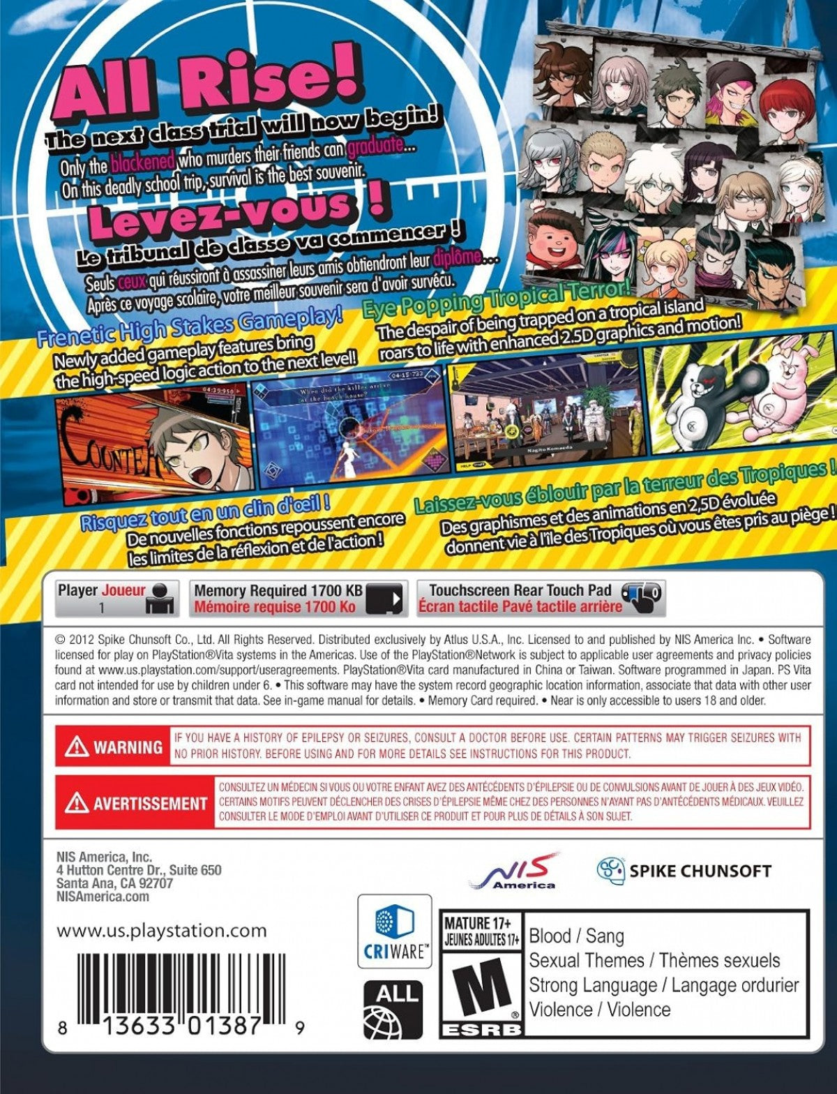Danganronpa 2 Goodbye Despair PlayStation Vita video game, visual novel adventure, murder mystery investigation, anime-style storytelling, handheld console title back cover