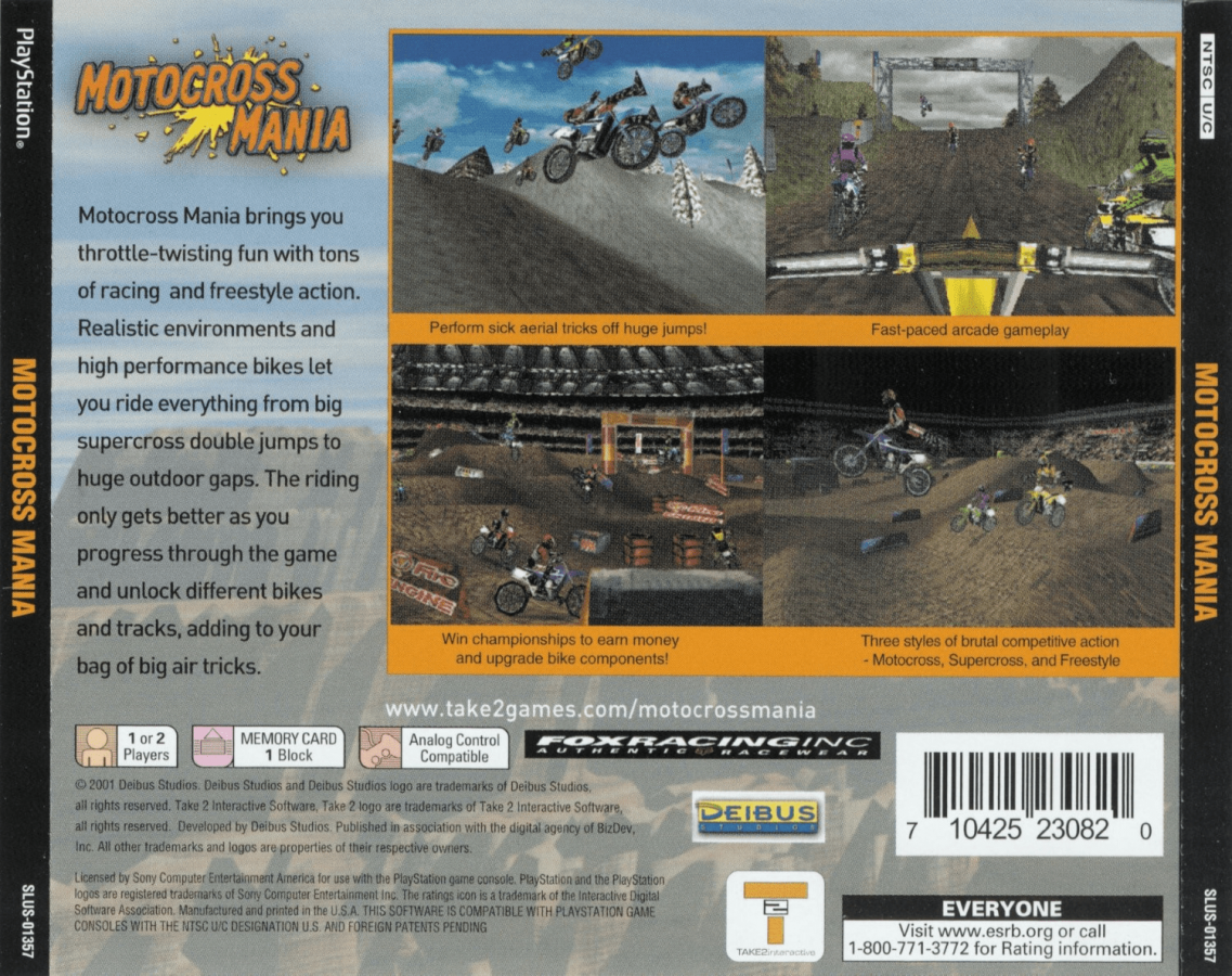 Motocross Mania back of case for PlayStation 1 (PS1) retro racing video game