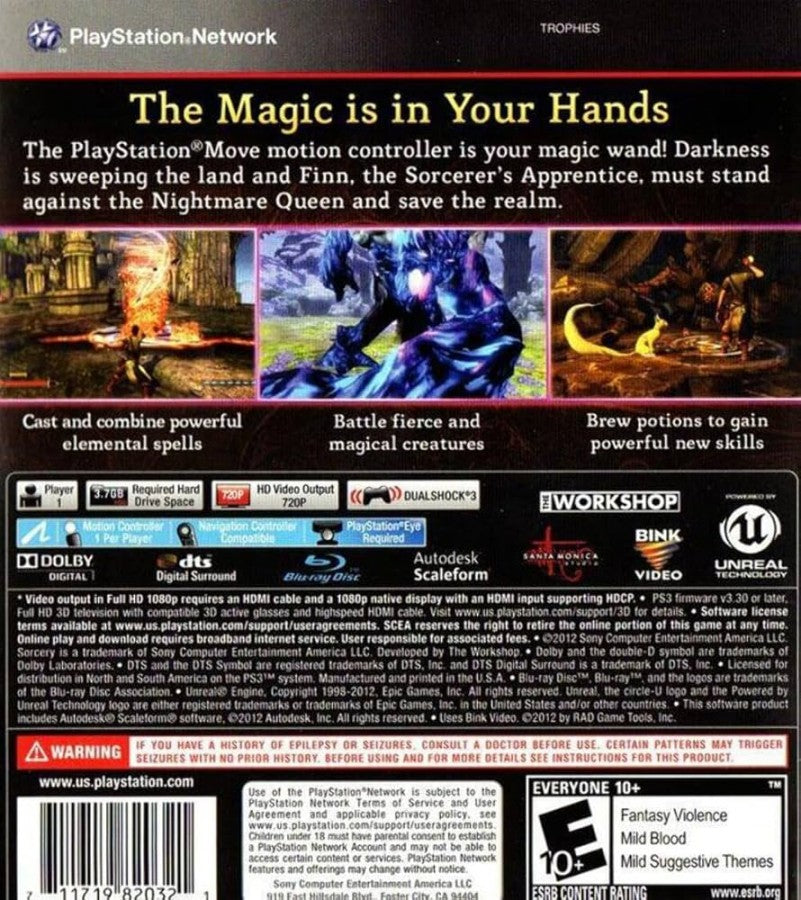 Sorcery PS3 Sony PlayStation 3 motion control fantasy magic adventure game spellcasting wand gameplay Move controller exclusive action RPG style combat enchanted world magical battles PlayStation 3 software video game title back cover art