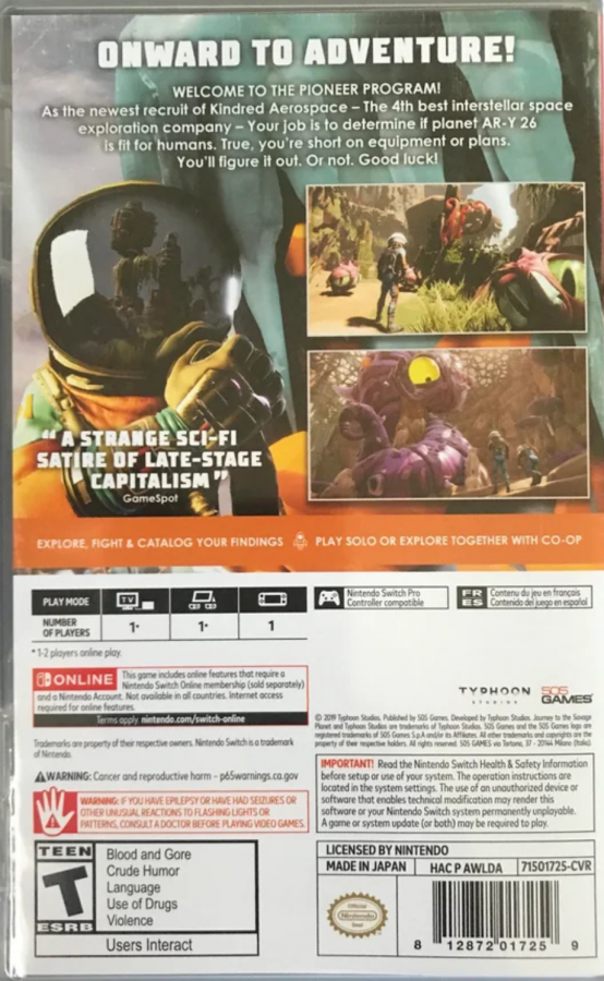 Journey to the Savage Planet Nintendo Switch inspired design featuring colorful sci fi exploration adventure aesthetic alien world discovery quirky humor cooperative gameplay exotic creatures vibrant environments first person action and survival presentation back cover