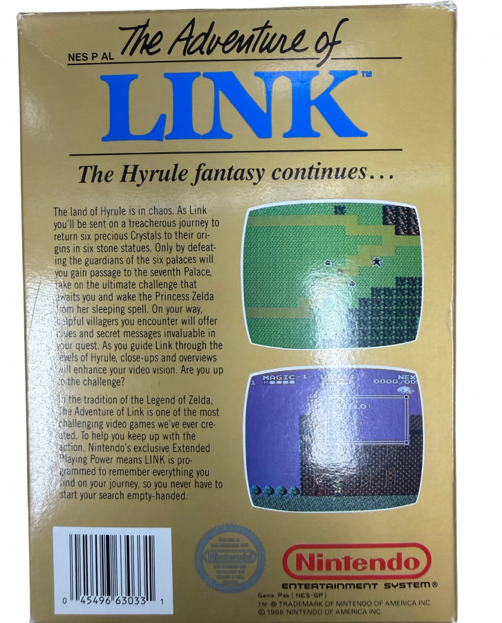 Zelda II The Adventure of Link Nintendo Entertainment System NES for retro video game enthusiasts featuring action role playing gameplay side scrolling combat overworld exploration sword fighting magic spells character leveling challenging dungeons classic 8 bit adventure and collectible gaming appeal back cover art