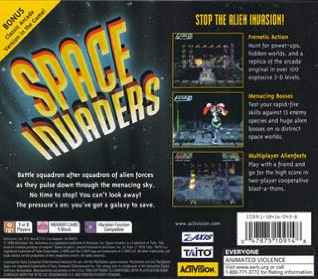 Space Invaders back of case for PlayStation 1 (PS1) arcade shooter video game