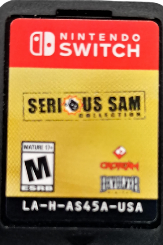 Serious Sam Collection Nintendo Switch inspired design featuring fast paced first person shooter anthology aesthetic chaotic arena combat hordes of enemies explosive weapon gameplay classic arcade style action sci fi environments high intensity retro shooter presentation cartridge