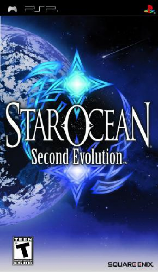 Game cover of 'Star Ocean: Second Evolution' for PSP with Earth and star design.