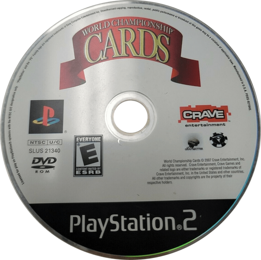 World Championship Cards PlayStation 2 card game compilation featuring classic games poker solitaire bridge hearts spades euchre cribbage multiplayer modes Casino Magic license disc