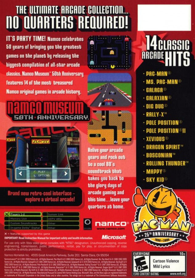 Namco Museum 50th Anniversary back cover art for Xbox (XBOX) video game