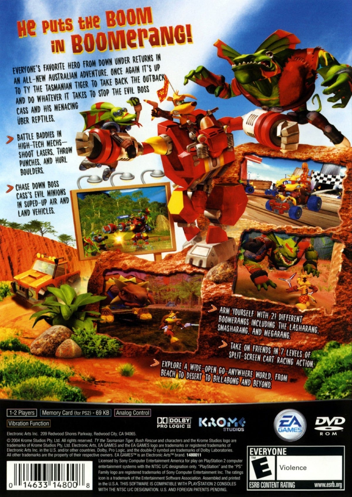 Ty the Tasmanian Tiger 2 Bush Rescue for PlayStation 2 action platformer video game featuring open hub worlds boomerang based combat Australian themed environments and classic cartoon style adventure experience back cover