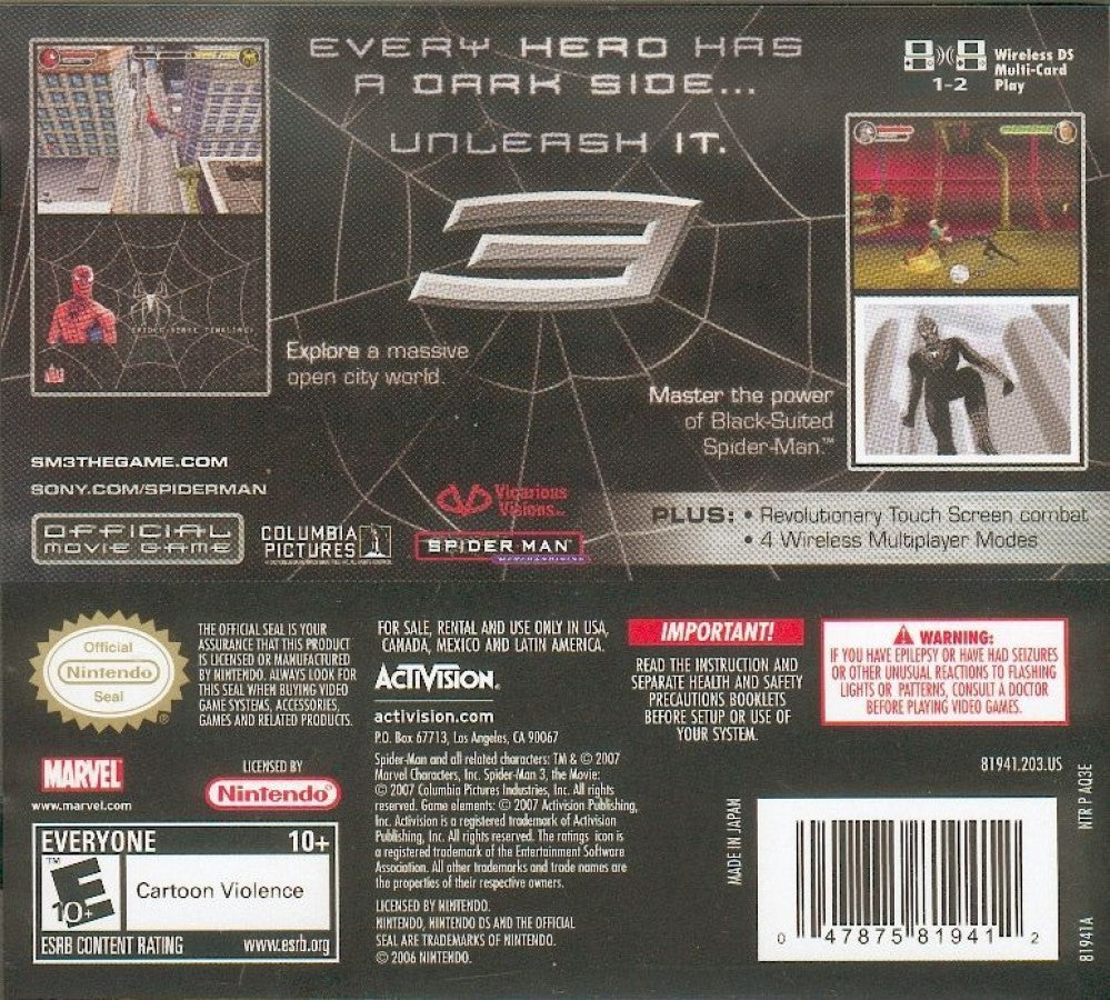 Spider-Man 3 action adventure superhero back of case for Nintendo DS (DS) video game
