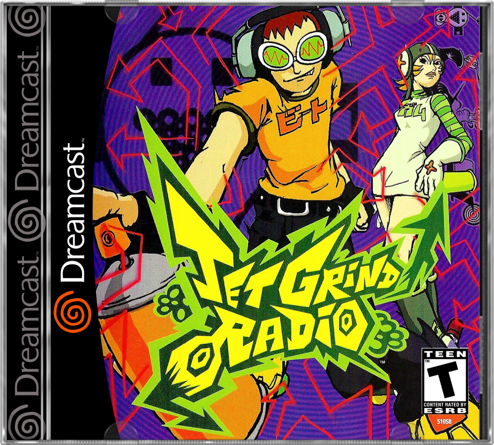 Jet Grind Radio Dreamcast featuring cel-shaded street skating gameplay with graffiti art and urban city style cover art