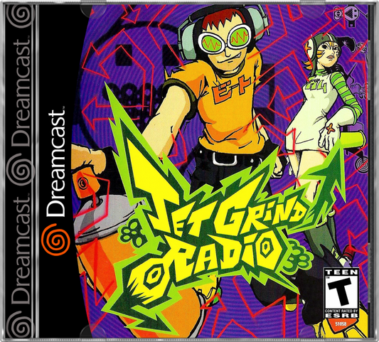 Jet Grind Radio Dreamcast featuring cel-shaded street skating gameplay with graffiti art and urban city style cover art