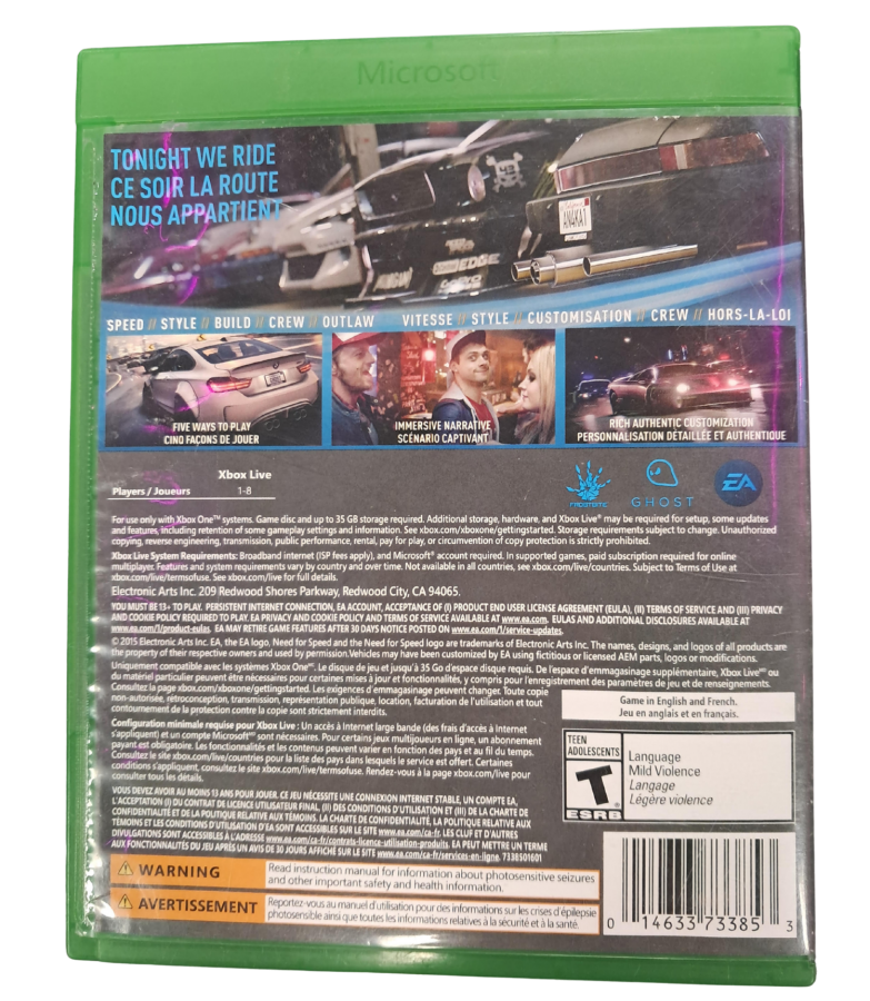 Need for Speed Xbox One racing video game EA Sports Ghost Games street racing car customization tuner cars police pursuit open world racing gameplay drifting nitrous high speed racing simulator arcade racing Xbox One software game title back cover