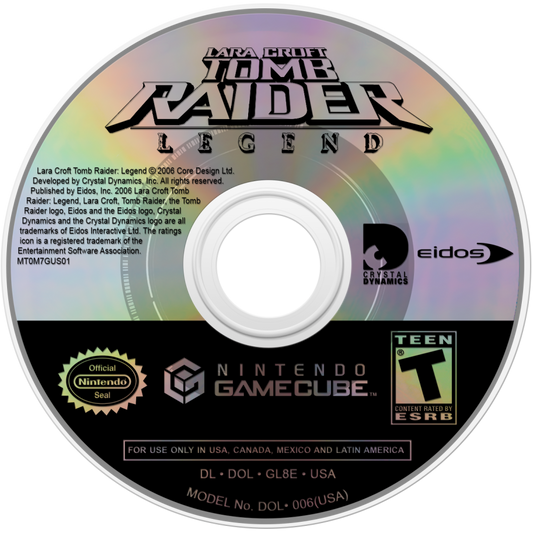 Tomb Raider Legend GameCube GC video game, action adventure, exploration and puzzle solving, Lara Croft, cinematic gameplay, Nintendo GameCube title disc