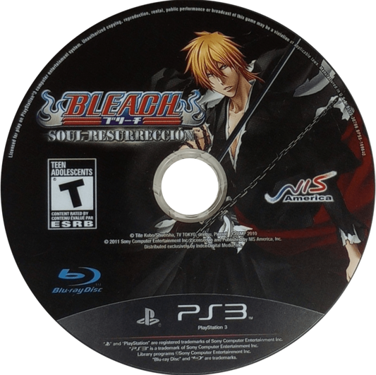 Bleach Soul Resurreccion disc game cover for PlayStation 3 video game.