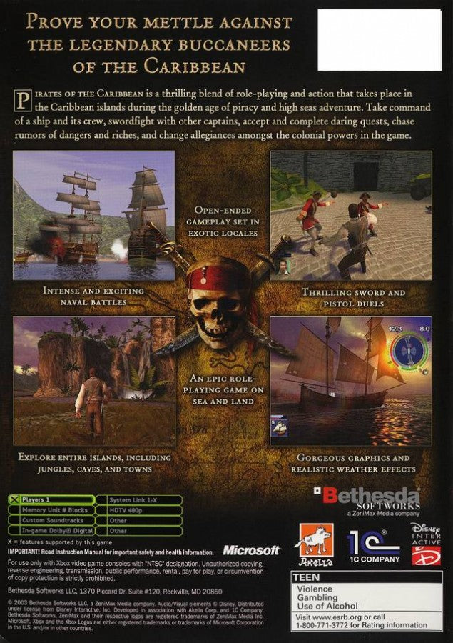 Pirates of the Caribbean Xbox featuring action adventure gameplay with pirate ship battles back cover art