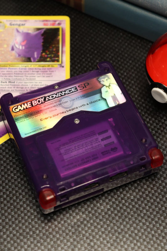 Game Boy Advance SP Custom Gengar Shell Nintendo handheld console with custom Gengar themed shell clamshell design backlit screen rechargeable battery cartridge based portable retro gaming system