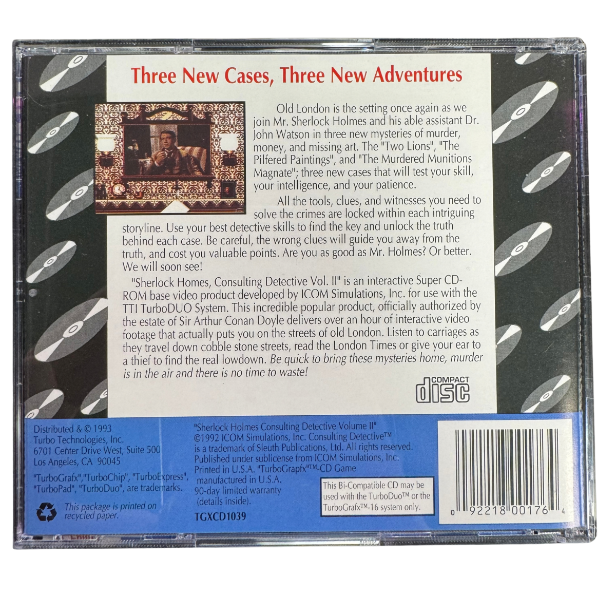 Sherlock Holmes Consulting Detective Volume II TurboGrafx-16 CD TGCD video game Complete In Box CIB featuring mystery adventure gameplay Sherlock Holmes detective investigations clue gathering evidence analysis case solving interactive storytelling and classic 16 bit TurboGrafx-16 CD gameplay retro video game collection collectible gaming appeal back cover art