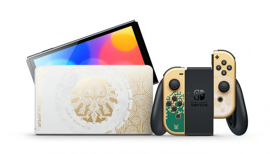 The Legend of Zelda Tears of the Kingdom Nintendo Switch OLED featuring themed gold and green design with vibrant display