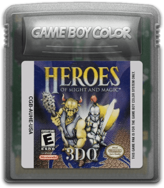 Heroes of Might and Magic Game Boy Color GBC cartridge for retro video game enthusiasts featuring fantasy strategy gameplay turn based tactical battles hero progression kingdom management mechanics magical world exploration and portable handheld strategic gaming experience and collectible gaming appeal