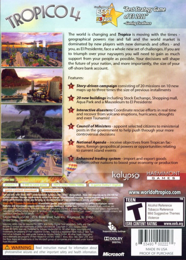 Tropico 4 back of case for Xbox 360 (X360) city-building political simulation video game