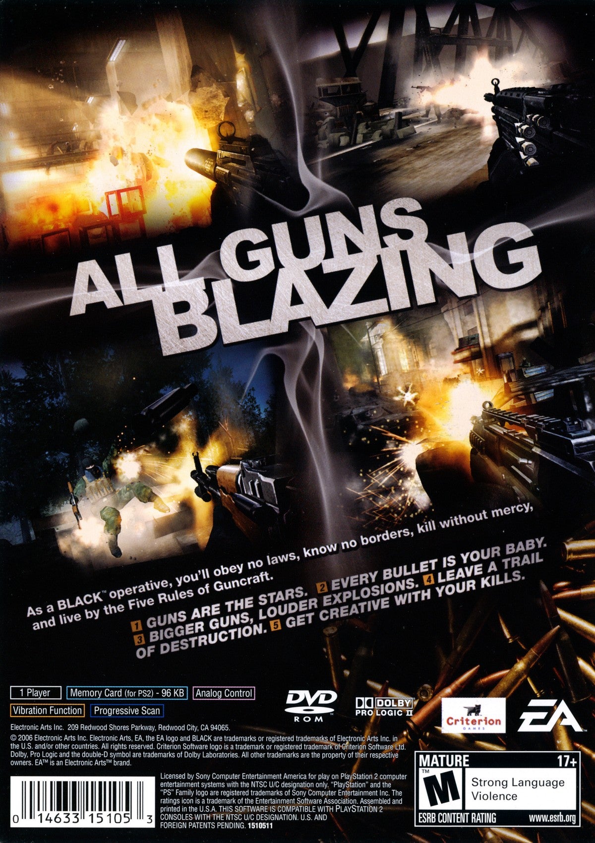 Black PS2 Sony PlayStation 2 first person shooter FPS military action game Criterion Games cinematic gunplay destructible environments heavy weapons realistic combat missions fast paced shooting focus retro gaming PlayStation 2 software video game title back cover art