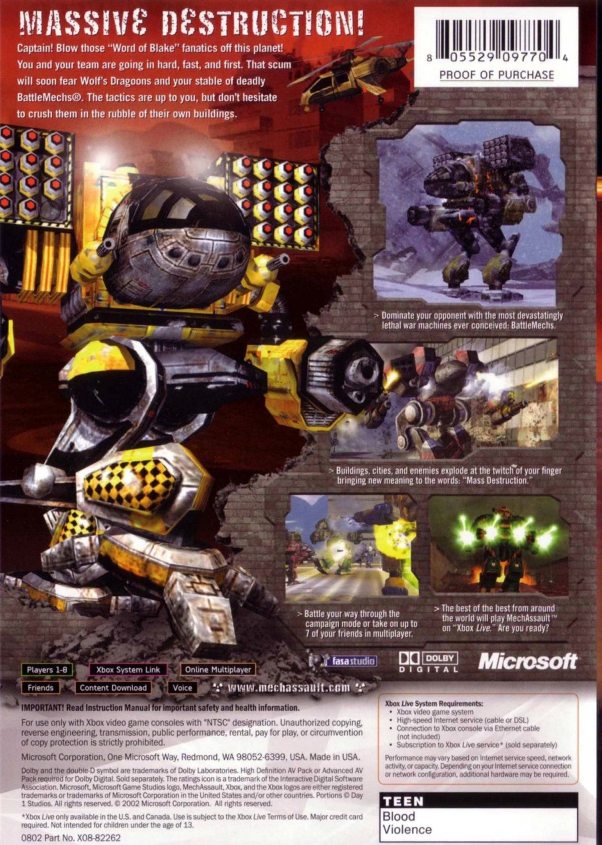 MechAssault for Xbox (XBOX) featuring explosive third-person vehicular combat that puts you in the cockpit of a towering BattleMech to rain destruction across fully destructible environments; as a pilot of the Wolf's Dragoons, you'll utilize a devastating arsenal of lasers and missiles to crush your enemies in this groundbreaking title that defined early Xbox action gameplay back cover