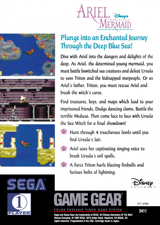 Disney's Ariel the Little Mermaid back cover art for Sega Game Gear (GG) video game