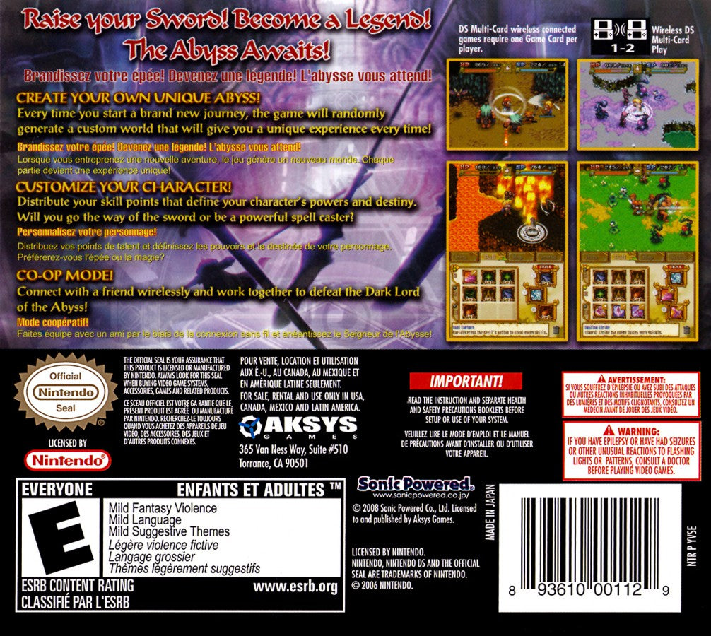 From the Abyss for the Nintendo DS featuring turn based RPG gameplay with dungeon exploration character progression and strategic battles in a fantasy adventure setting back cover