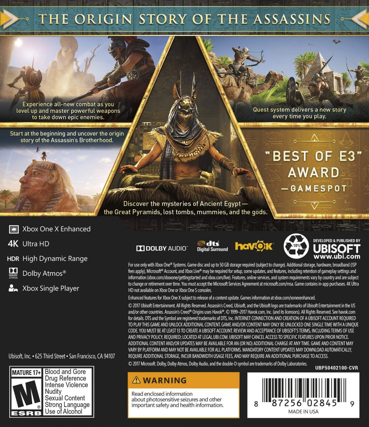 Assassin’s Creed: Origins for Xbox One with ancient Egyptian open-world adventure theme back cover