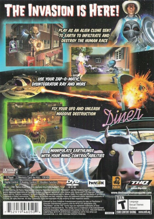 Destroy All Humans PS2 PlayStation 2 open world action adventure game retro video game back of case Greatest Hits edition