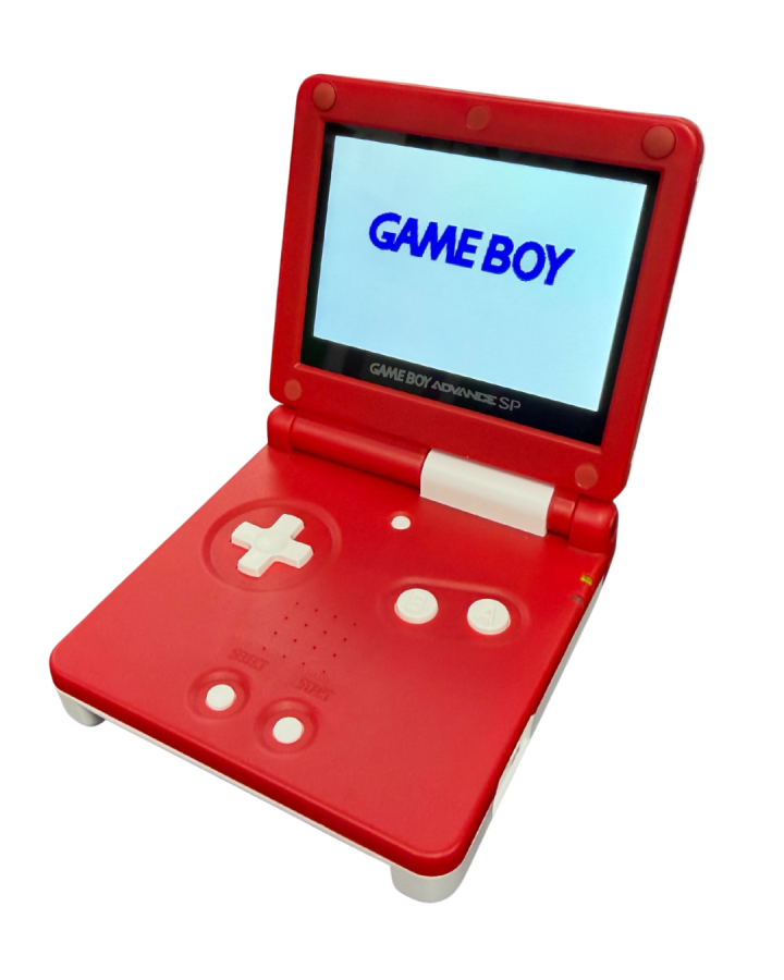 Custom Poké Ball designed Game Boy Advance SP shell featuring vibrant IPS backlit screen and unique collector style open angled view of backlit screen