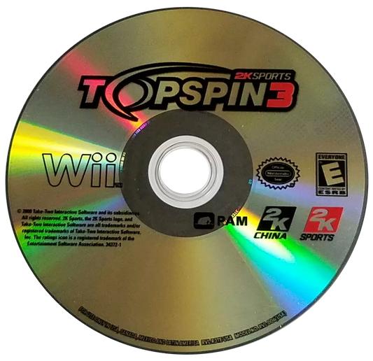 Top Spin 3 disc art for Nintendo Wii (Wii) featuring realistic tennis simulation with motion‑controlled swings, pro player roster, and career tournaments.