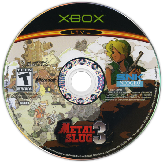 Metal Slug 3 Xbox run and gun arcade shooter video game SNK Neo Geo side-scrolling action multiple branching paths player selectable characters Marco Eri Fio Germi Tarma Roving heavy machine gun shotgun flame shot rocket launcher enemy vehicles slug tank flying submarine camel slave zombie transformation aliens mummies yetis hidden missions unlimited continues cooperative gameplay classic 2D sprite animation challenging difficulty disc