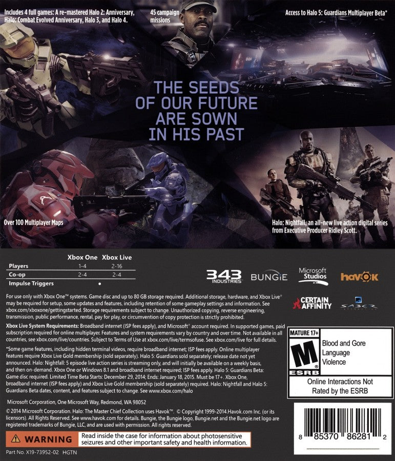 Halo: The Master Chief Collection back of case for Xbox One (XONE) sci-fi first-person shooter video game compilation