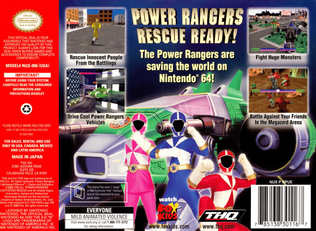 Power Rangers Lightspeed Rescue game back cover for Nintendo 64 video game.