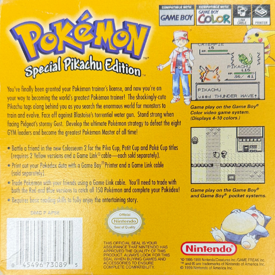 Pokemon Yellow Game Boy Nintendo classic RPG role playing game Pikachu special edition Pokemon Yellow Version Special Pikachu Edition Kanto region turn based battles catching training Pokemon retro handheld gaming Game Boy cartridge video game title back cover art