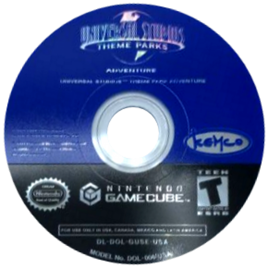 Universal Studios Theme Parks Adventure GameCube GC video game, adventure mini-games, theme park exploration, family-friendly, Nintendo GameCube title disc
