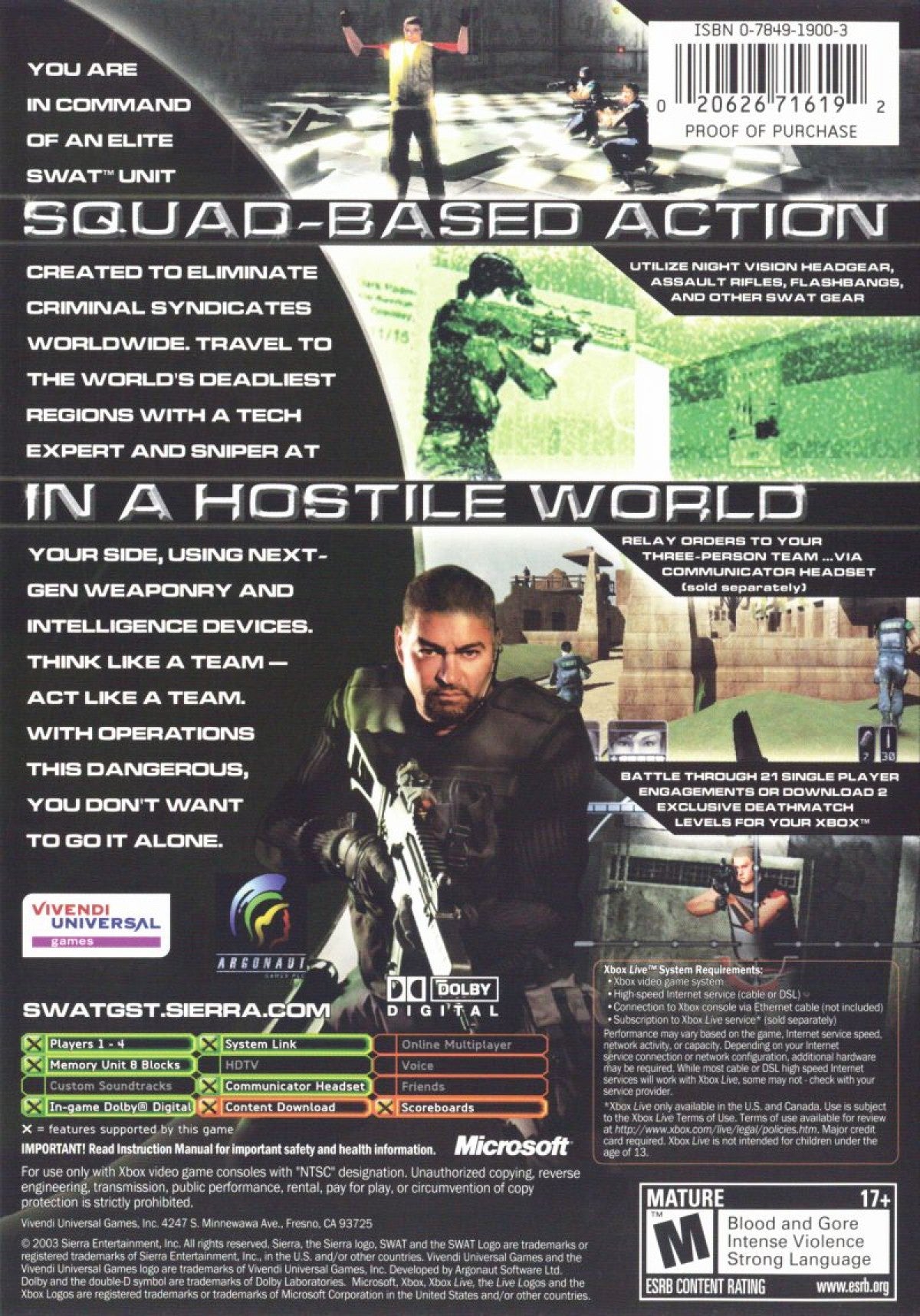 SWAT Global Strike Team tactical shooter video game featuring elite police operations squad based combat realistic weapons hostage rescue missions and strategic law enforcement action gameplay experience back cover art