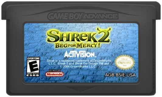 Shrek 2 Beg for Mercy for Game Boy Advance (GBA), cartridge for a retro video game featuring action platforming gameplay, character-based combat, side-scrolling levels, and movie-inspired adventure challenges