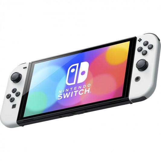 White OLED Nintendo Switch handheld video game console with on-screen display