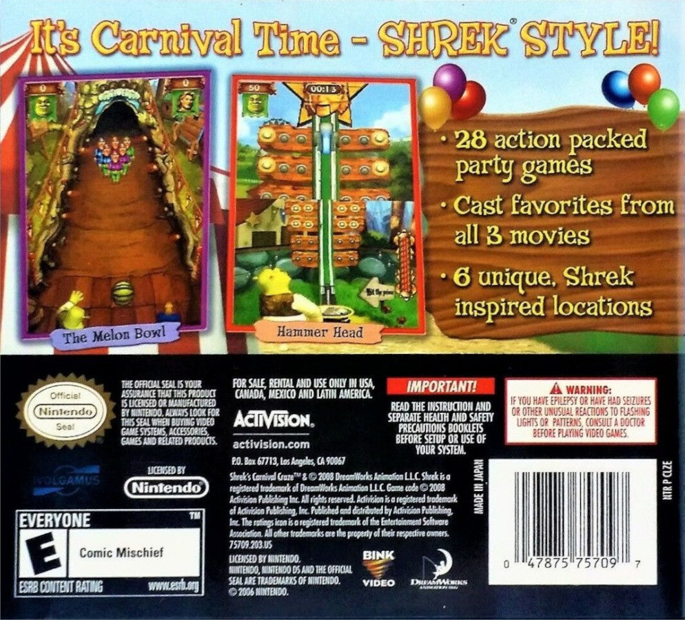 Shrek's Carnival Craze: Party Games back of case for Nintendo DS (DS) party mini-game collection video game