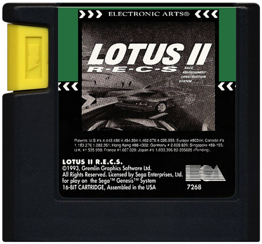 Lotus II for Sega Genesis, cartridge for a racing video game with high-speed driving, arcade-style road racing, exotic sports cars, and classic competitive gameplay
