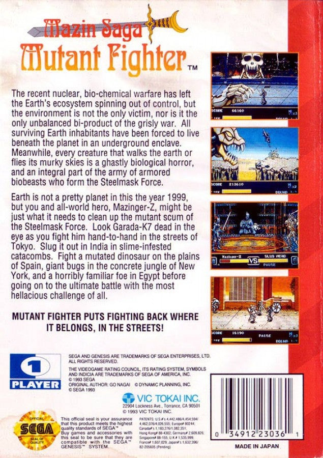 Mazin Saga: Mutant Fighter back cover art for Sega Genesis (GEN) video game