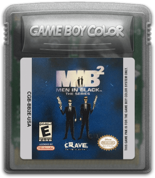 Men in Black The Series 2 for Game Boy Color, cartridge for an action-adventure video game with alien combat, side-scrolling gameplay, mission-based levels, and sci-fi action