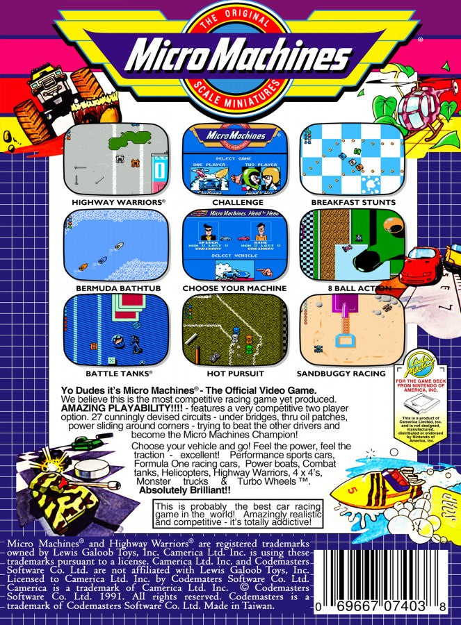 Micro Machines Nintendo Entertainment System NES video game featuring top down racing gameplay miniature vehicles colorful tracks competitive races obstacle courses fast paced driving action multiplayer racing and classic 8 bit Nintendo gameplay retro video game collection collectible gaming appeal back cover art