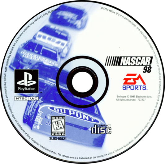 NASCAR 98 for PlayStation 1 racing sports video game featuring official NASCAR teams and drivers, realistic oval track racing, arcade and simulation modes, and classic console stock car experience disc
