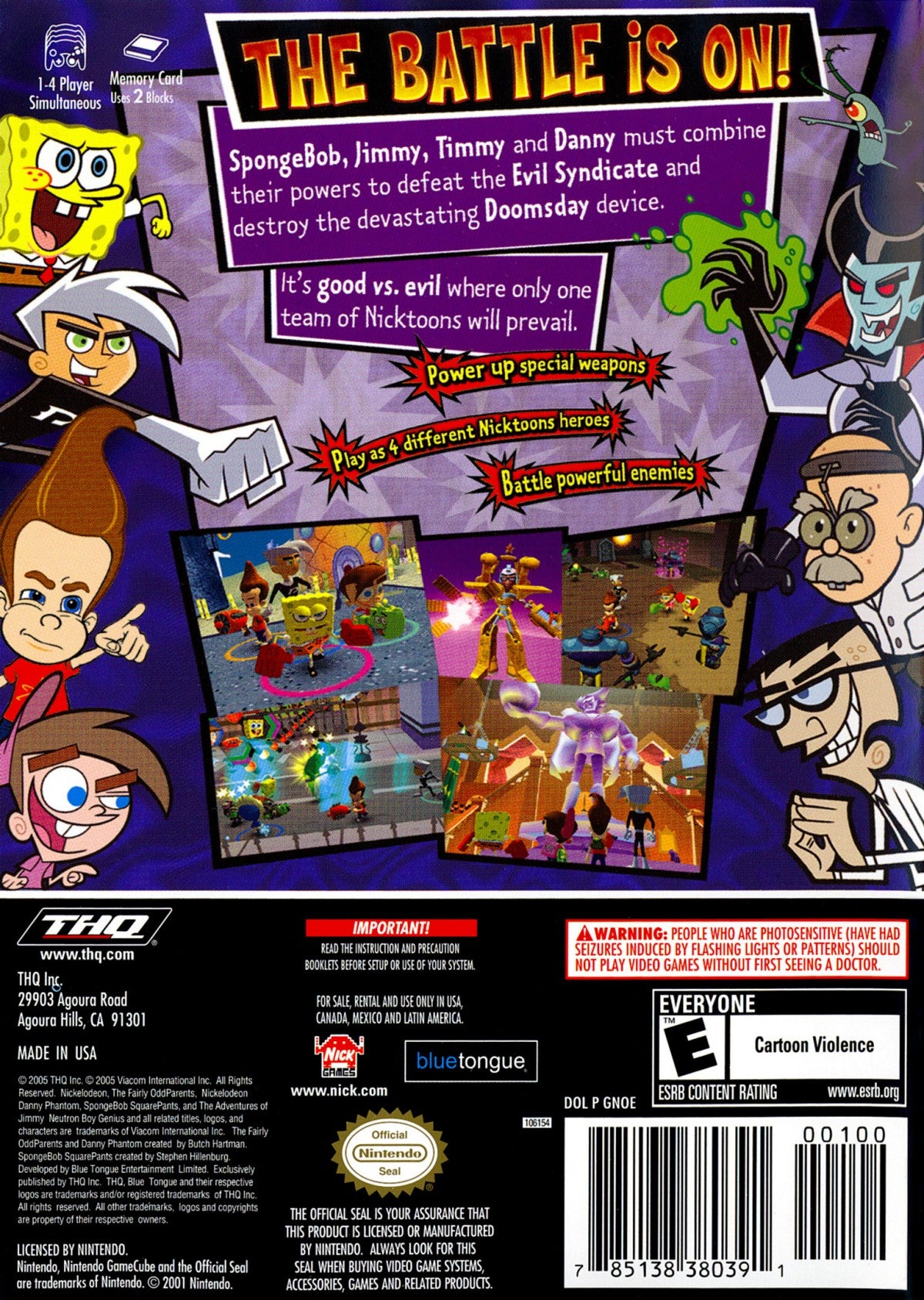 Nicktoons Unite Nintendo GameCube GC video game featuring crossover action adventure gameplay with SpongeBob SquarePants Danny Phantom Jimmy Neutron and Timmy Turner colorful Nickelodeon characters cooperative gameplay puzzle solving combat challenges retro video game Nintendo GameCube collection collectible gaming appeal back cover art