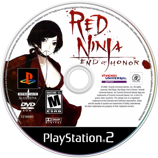 Red Ninja: End of Honor – PlayStation 2 (PS2) video game disc, action-adventure stealth game.