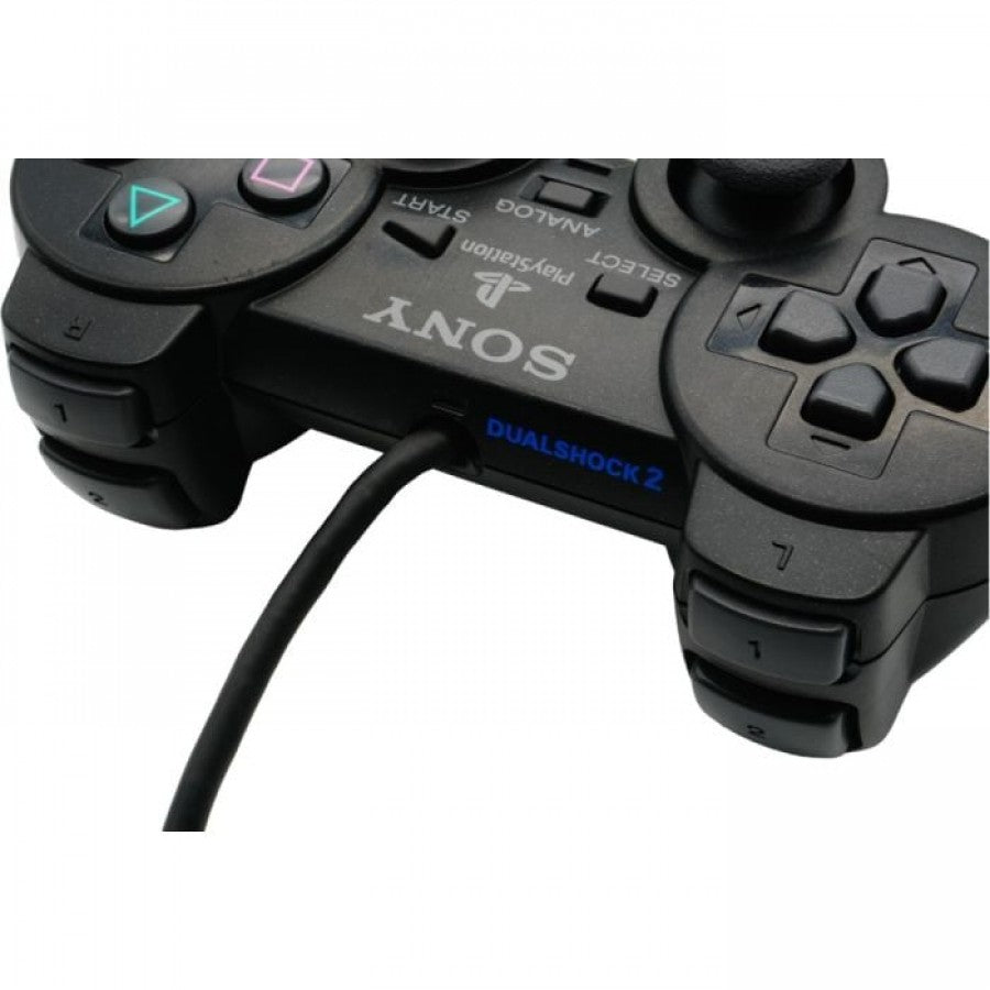 Official Sony DualShock 2 wired controller for PlayStation 2 featuring analog sticks, directional pad, four action buttons, and dual shoulder buttons