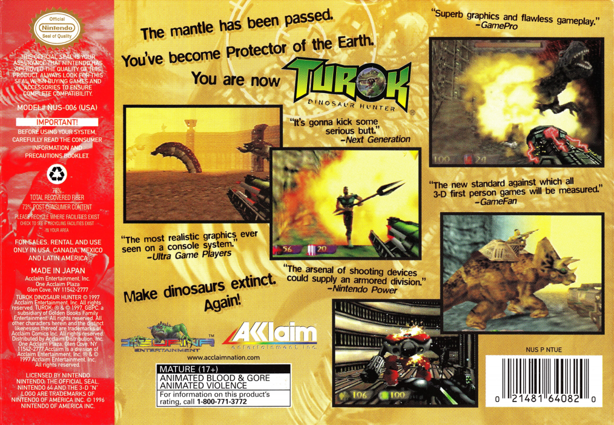 Turok: Dinosaur Hunter back cover art for Nintendo 64 (N64) video game
